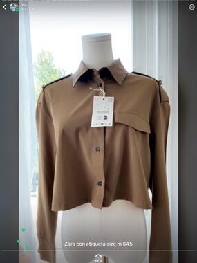 Zara Olive Brown Cropped Button-Down Shirt